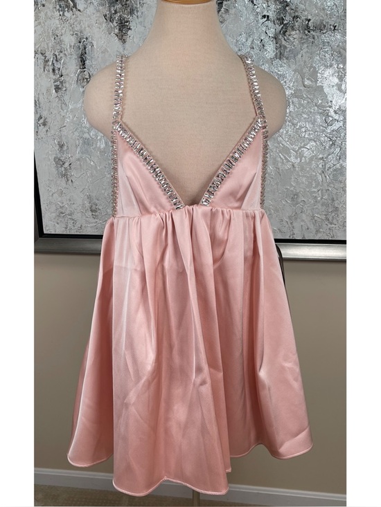RETROFETE Aniyah Crystal Embellished Babydoll Satin Pink Mini Dress Size Large - Picture 3 of 8